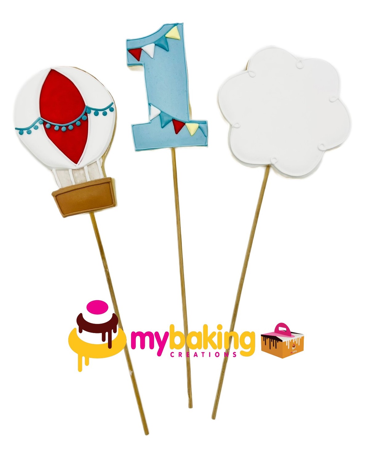 Custom hand-piped hot air balloon cookies on stick Bay Area